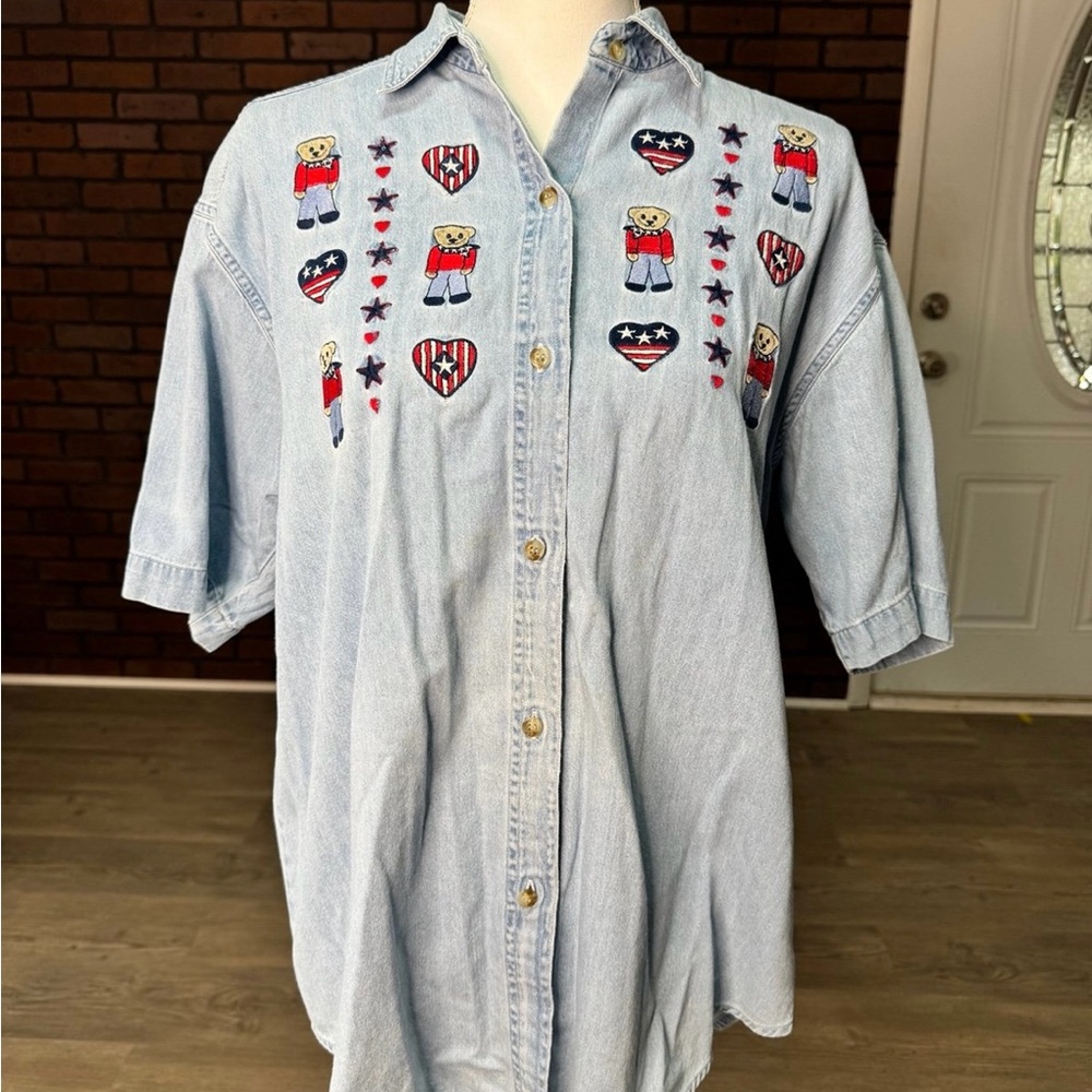 Vintage USA‎ Teddy Bear Denim Shirt S Oversized 90s Patriotic Americana Cute